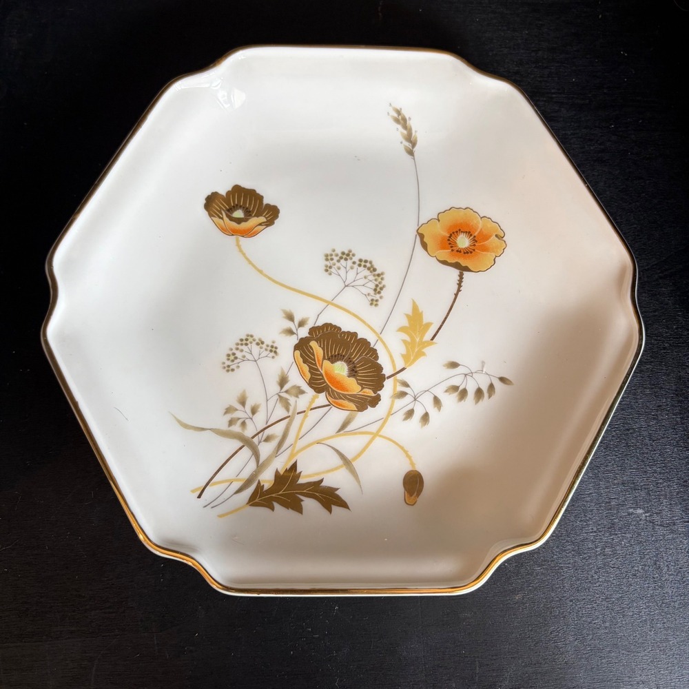 Otagiri Japan Golden Poppy Hexagon Scalloped Ceramic Plate Vintage 8.5 Inch